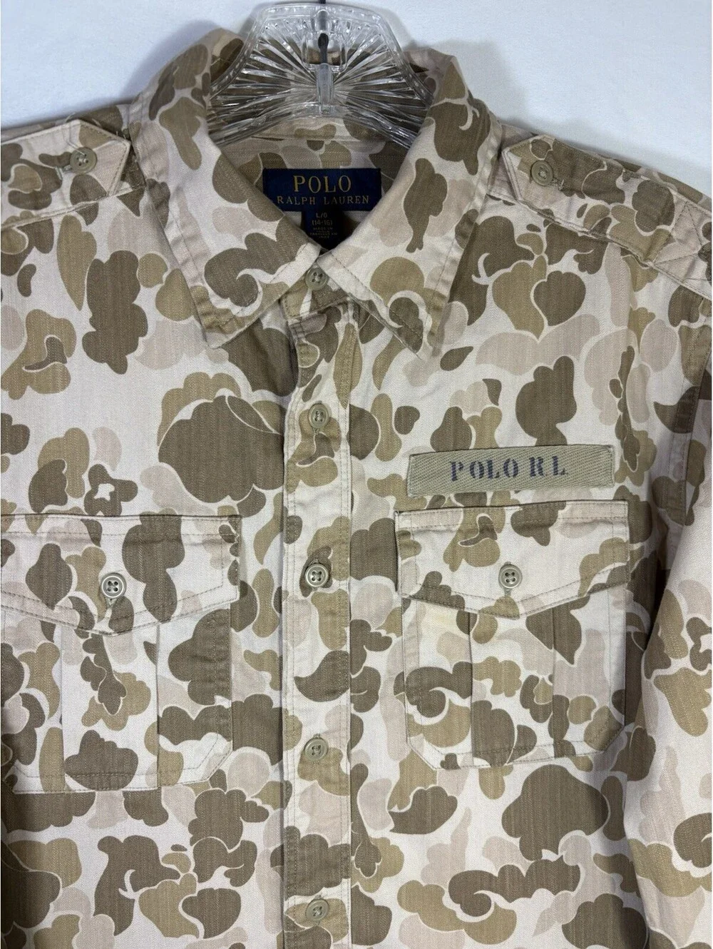 Polo Ralph Lauren Boys Camo Military Look Twill Cotton Shirt Size L(14-16) EUC